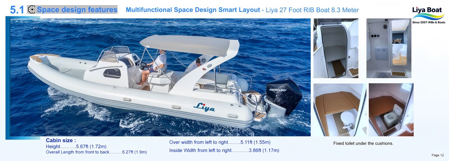 Convertible Toilet Compartment in 27FT Cabin RIB Compartiment de toilette convertible en cabine RIB de 27 pieds