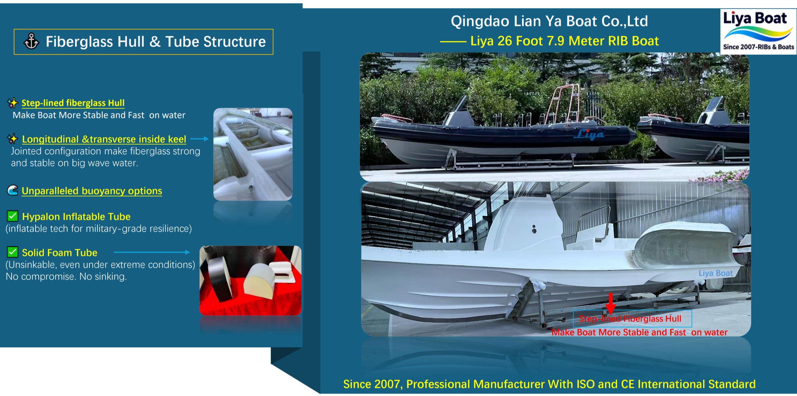 Bateau RIB de 7,9 m avec coque en fibre de verre doublée de marches pour une meilleure stabilité et vitesse sur l'eau