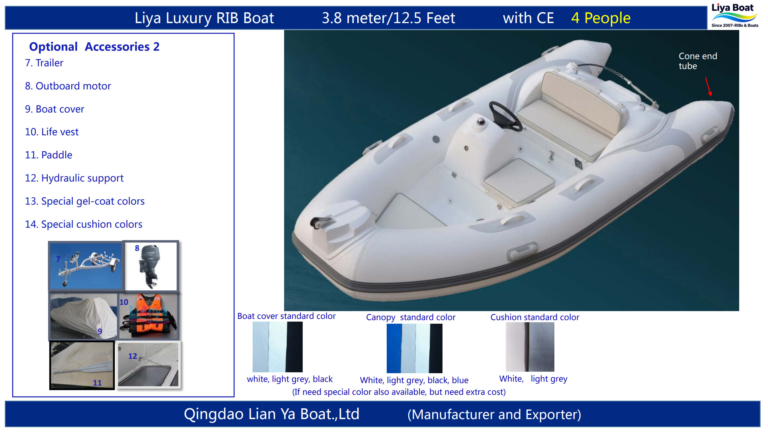 Bateau d'annexe de 3,8 m pour la vente d'accessoires en option