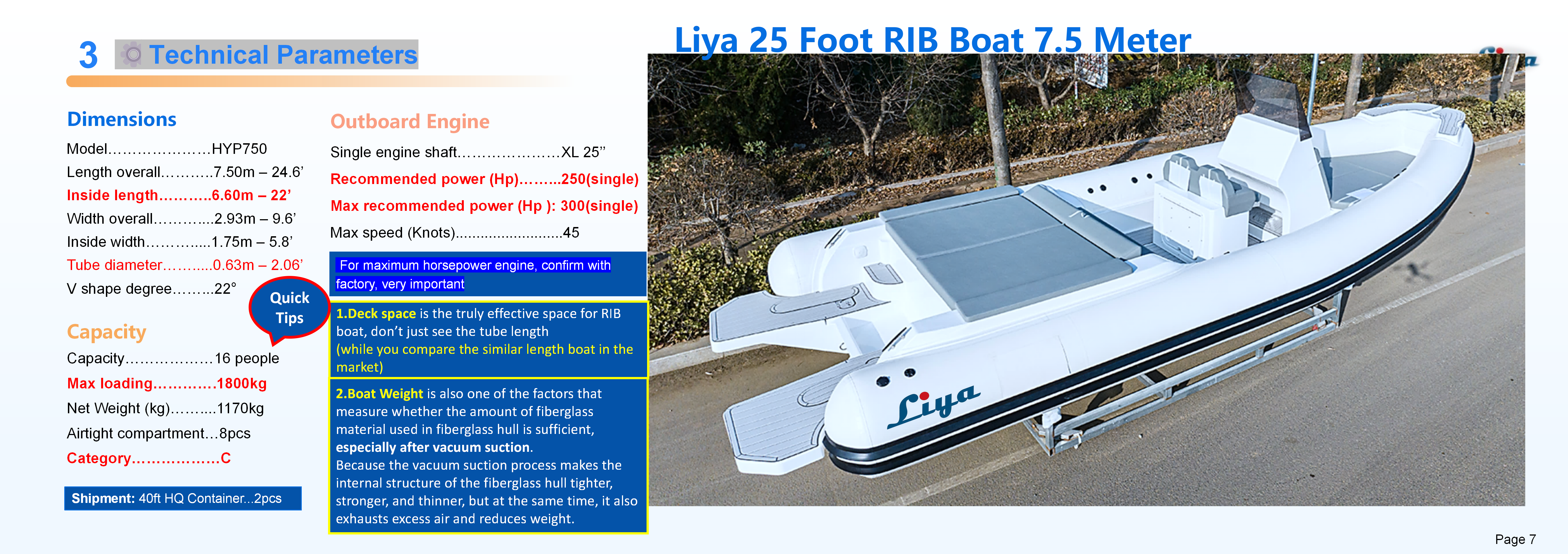 Liya 25 Foot RIB-Nouvelle spécification technique