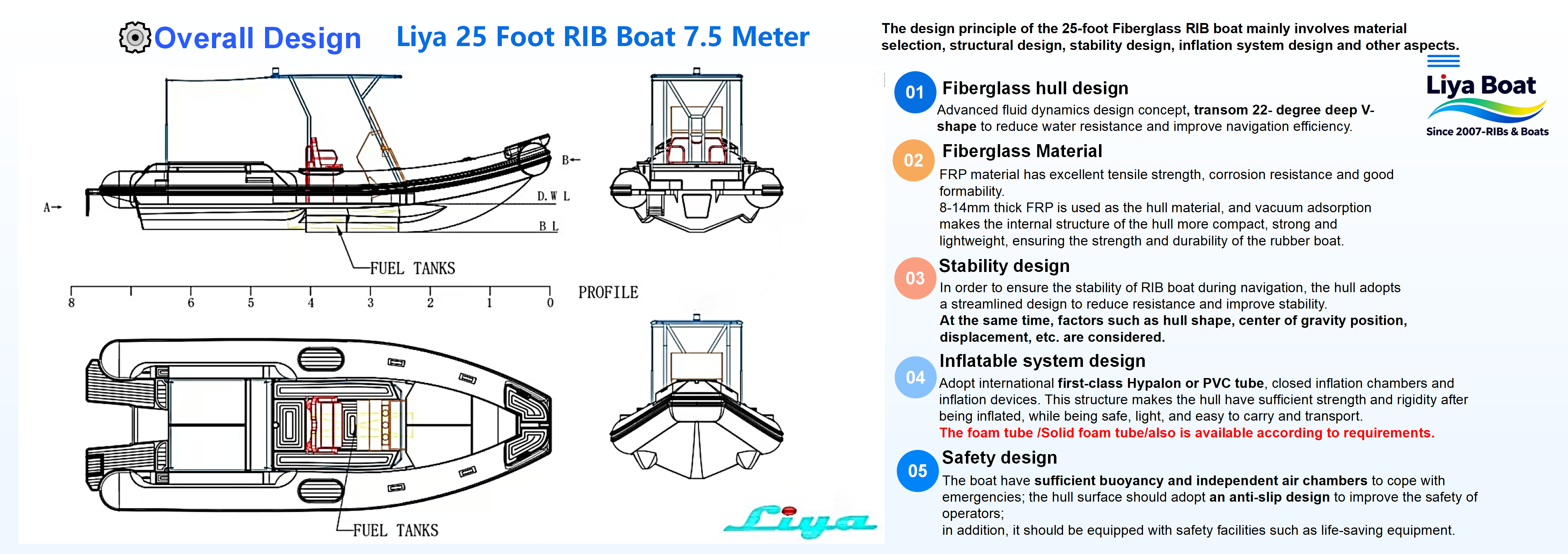 Bateau RIB Liya de 7,5 m avec coque en V profond haute performance pour une stabilité et une vitesse supérieures