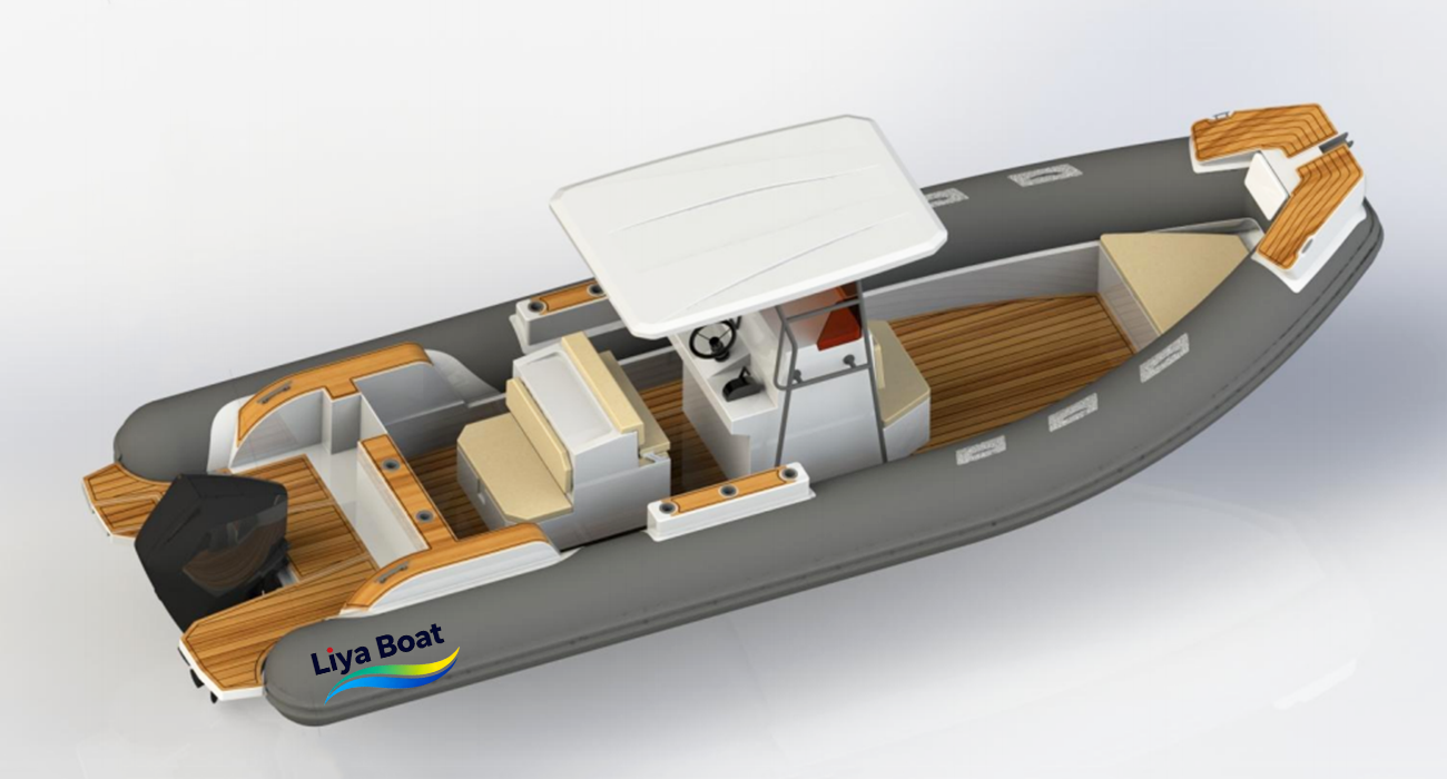 T-Top en aluminium personnalisable sur le Liya 7,9 m Premium RIB, offrant un ombrage robuste et un point de montage lors des sorties de pêche ou sportives.