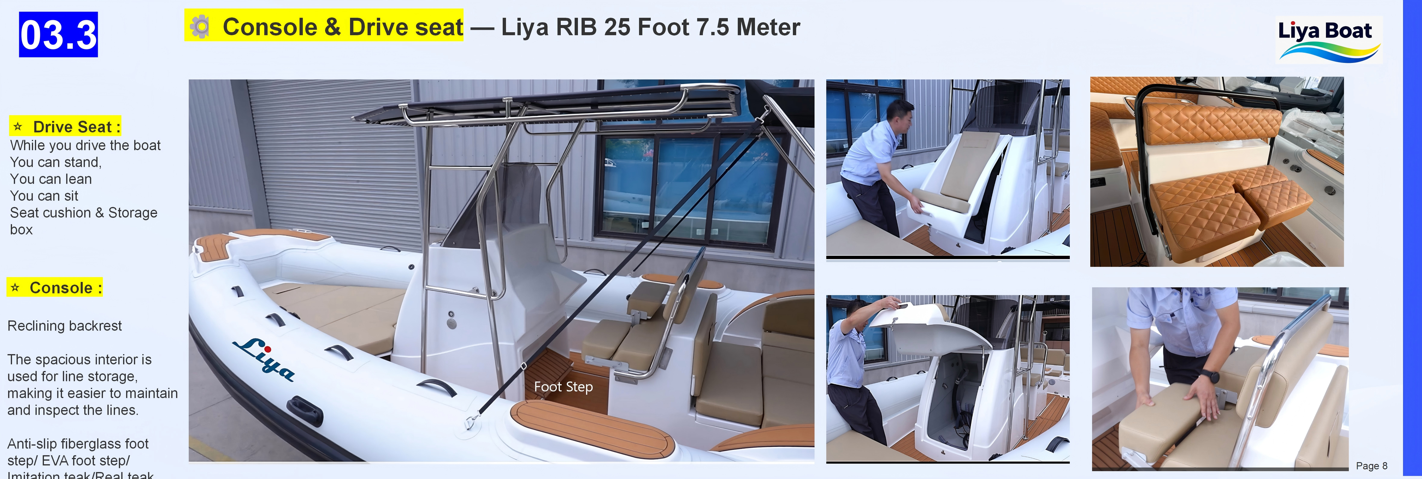 Console ergonomique et disposition des sièges à l'intérieur du bateau gonflable semi-rigide de 25 pieds