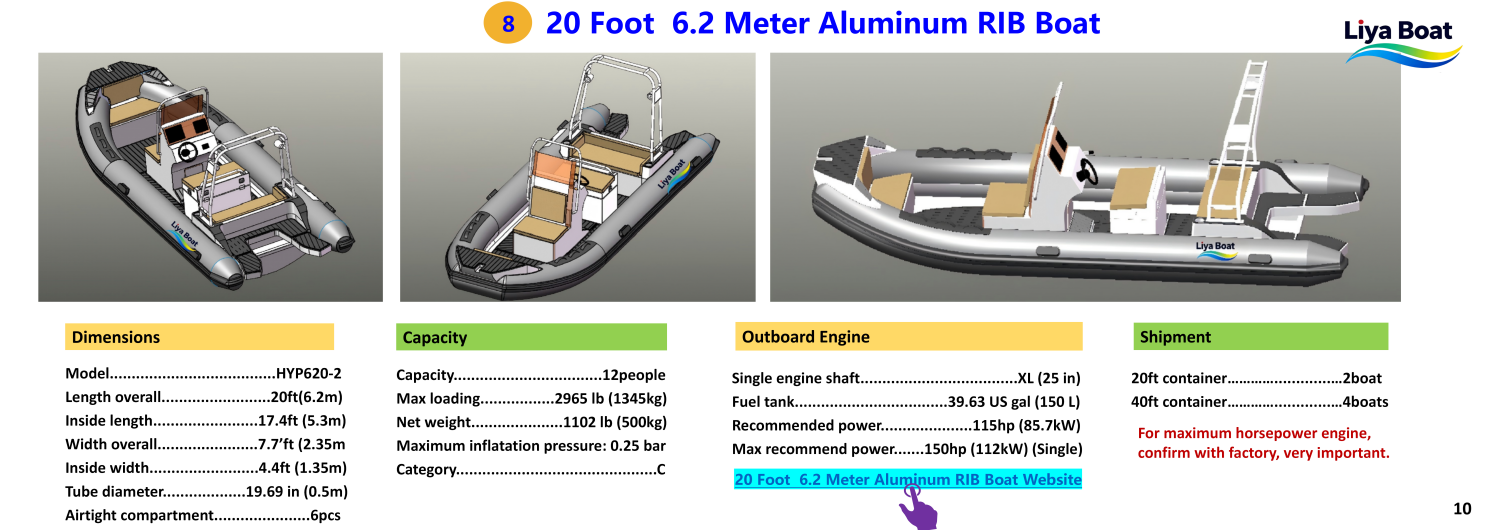 Bateau RIB en aluminium de 20 pieds et 6,2 m&egrave;tres