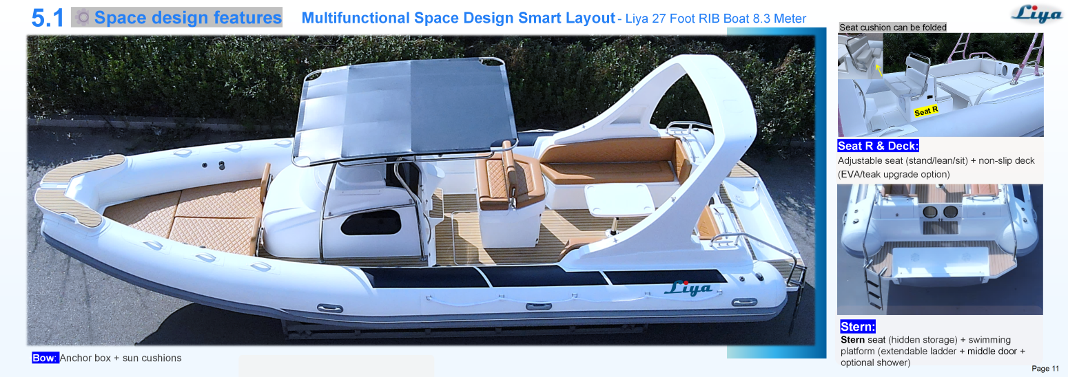Pont arrière convertible sur le RIB de cabine Liya 27FT