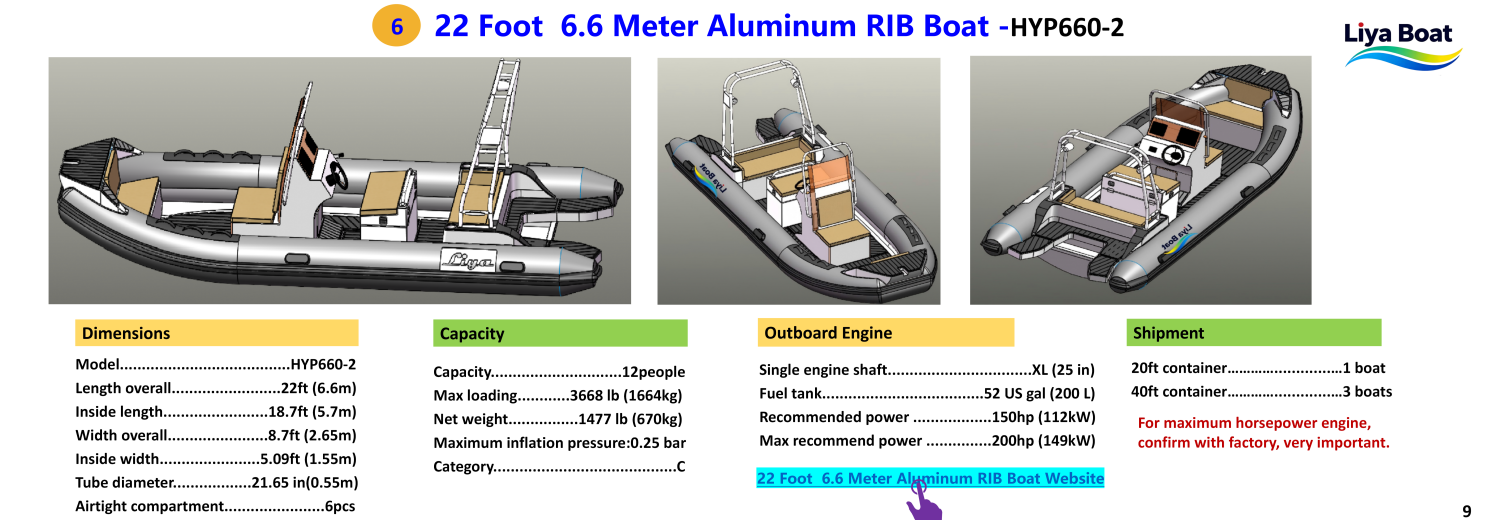Bateau RIB en aluminium de 22 pieds de 6,6 m&egrave;tres-HYP660-2