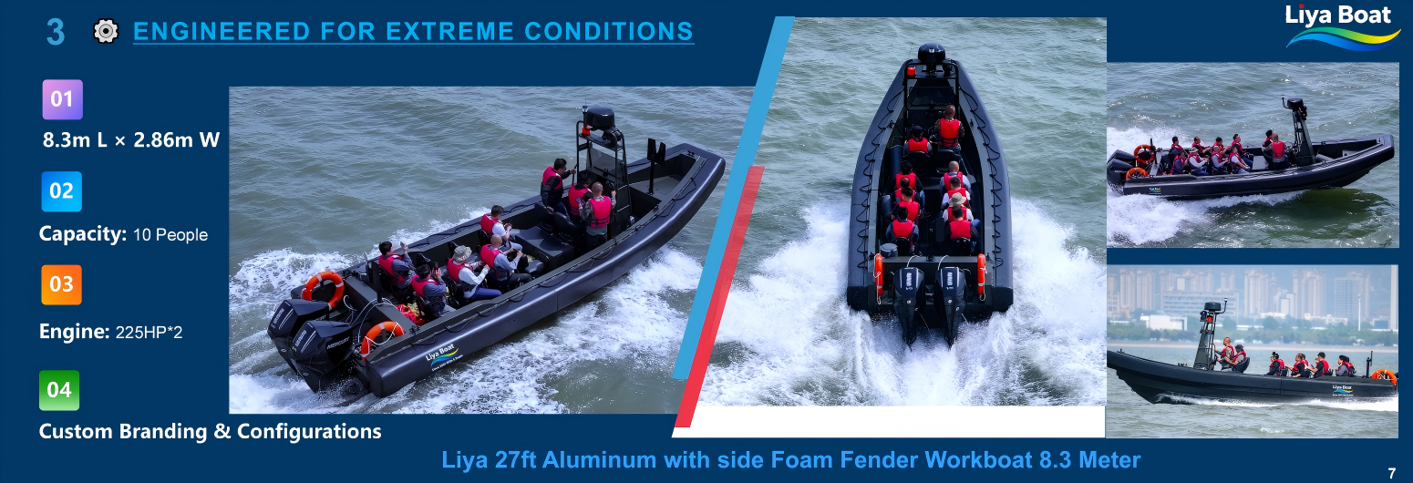 Section en coupe de bateau de patrouille en aluminium de qualité marine de 27 pieds montrant un noyau en mousse EVA à cellules fermées et un revêtement en polyurée