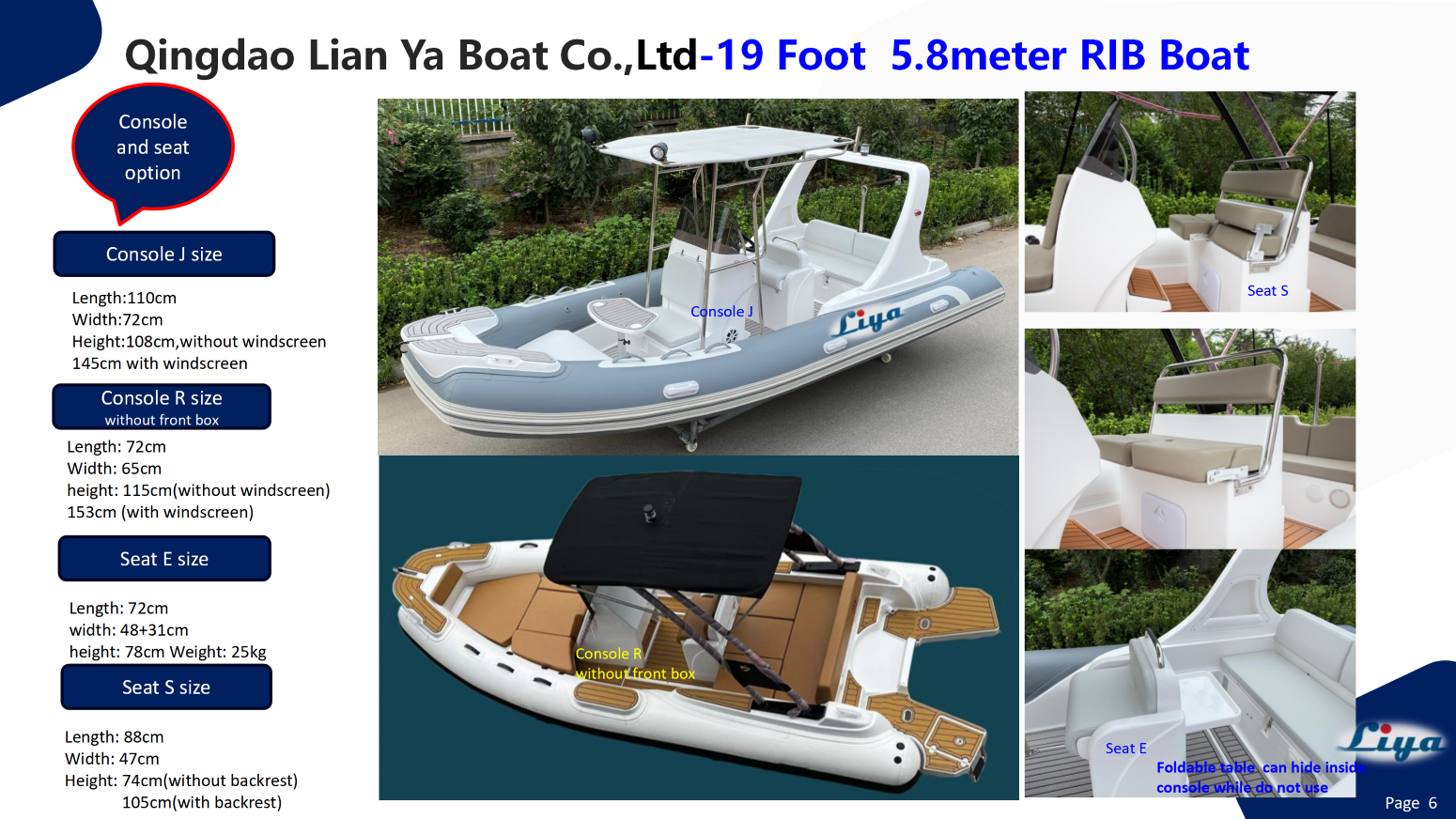 Bateau RIB Liya 19 pieds avec console centrale et siège