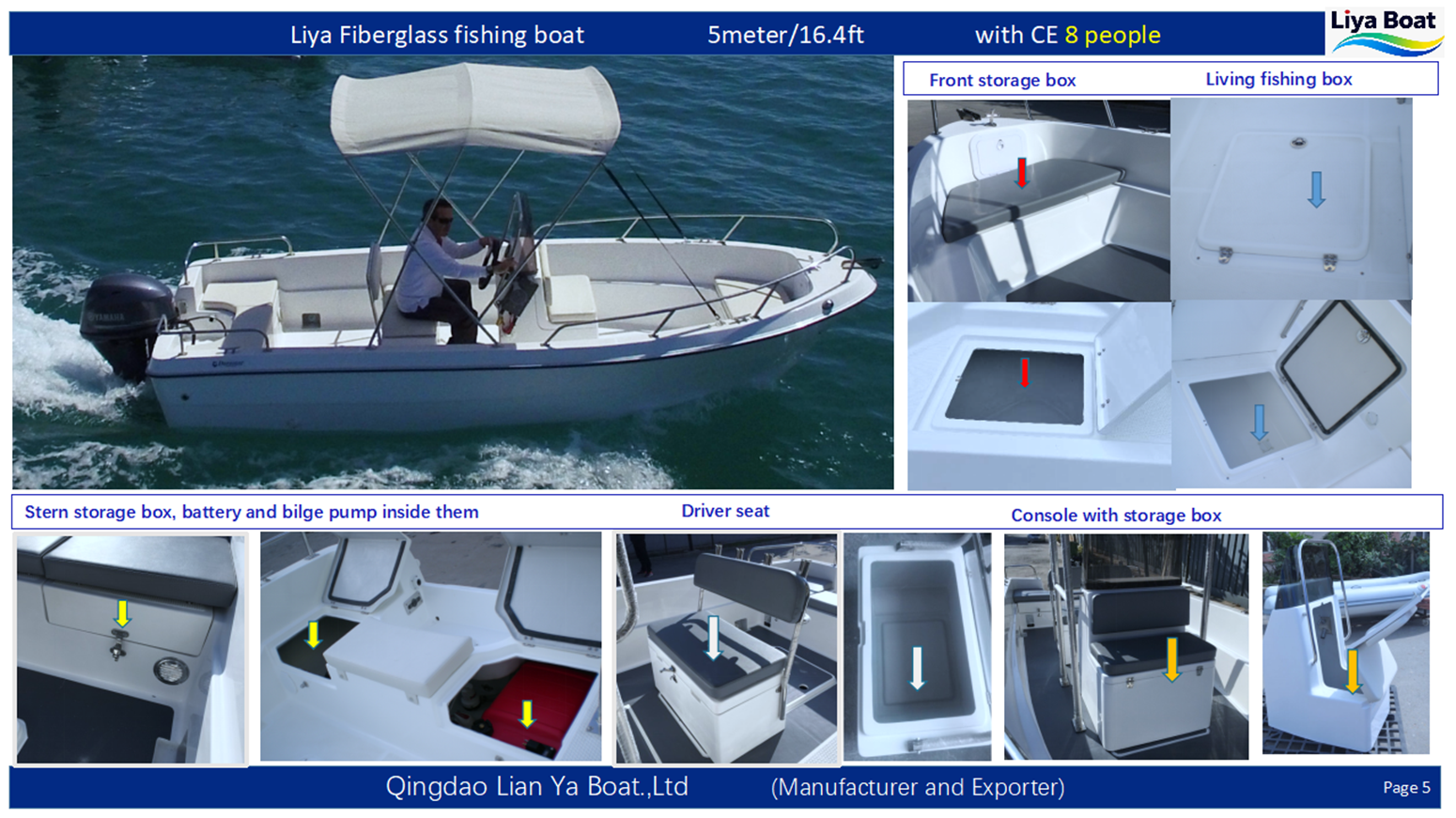 Casier de rangement à l'avant et sièges sur un bateau de 5 m