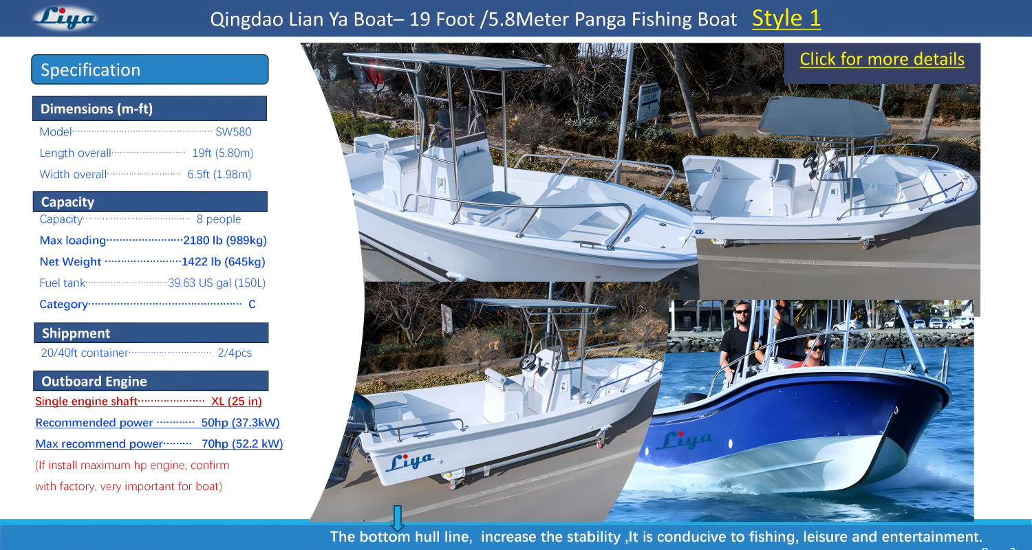 Sp&eacute;cifications du bateau de p&ecirc;che Liya 19 pieds Panga