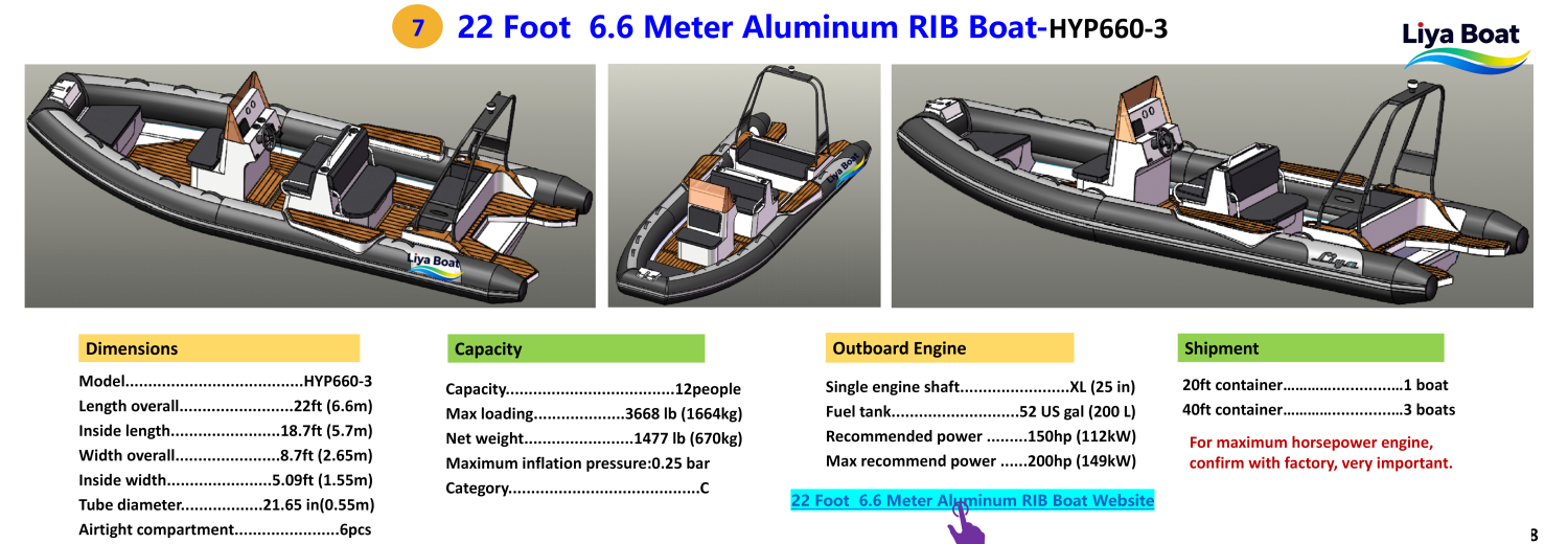 Bateau RIB en aluminium de 22 pieds et 6,6 m&egrave;tres-HYP660-3