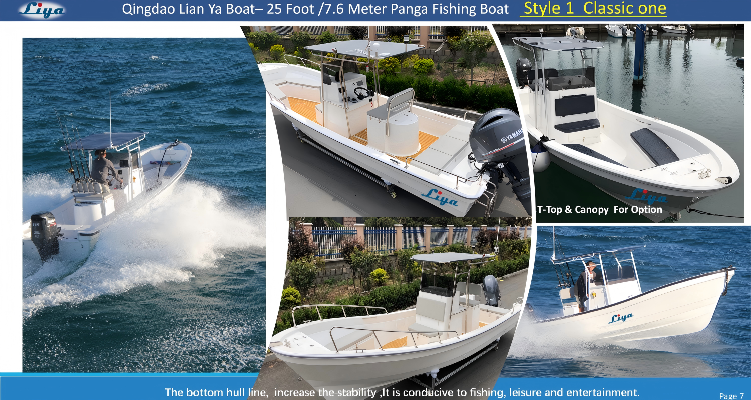 Vue arrière d'un bateau Panga de 7,6 m avec support moteur hors-bord et configuration de pont auto-drainant