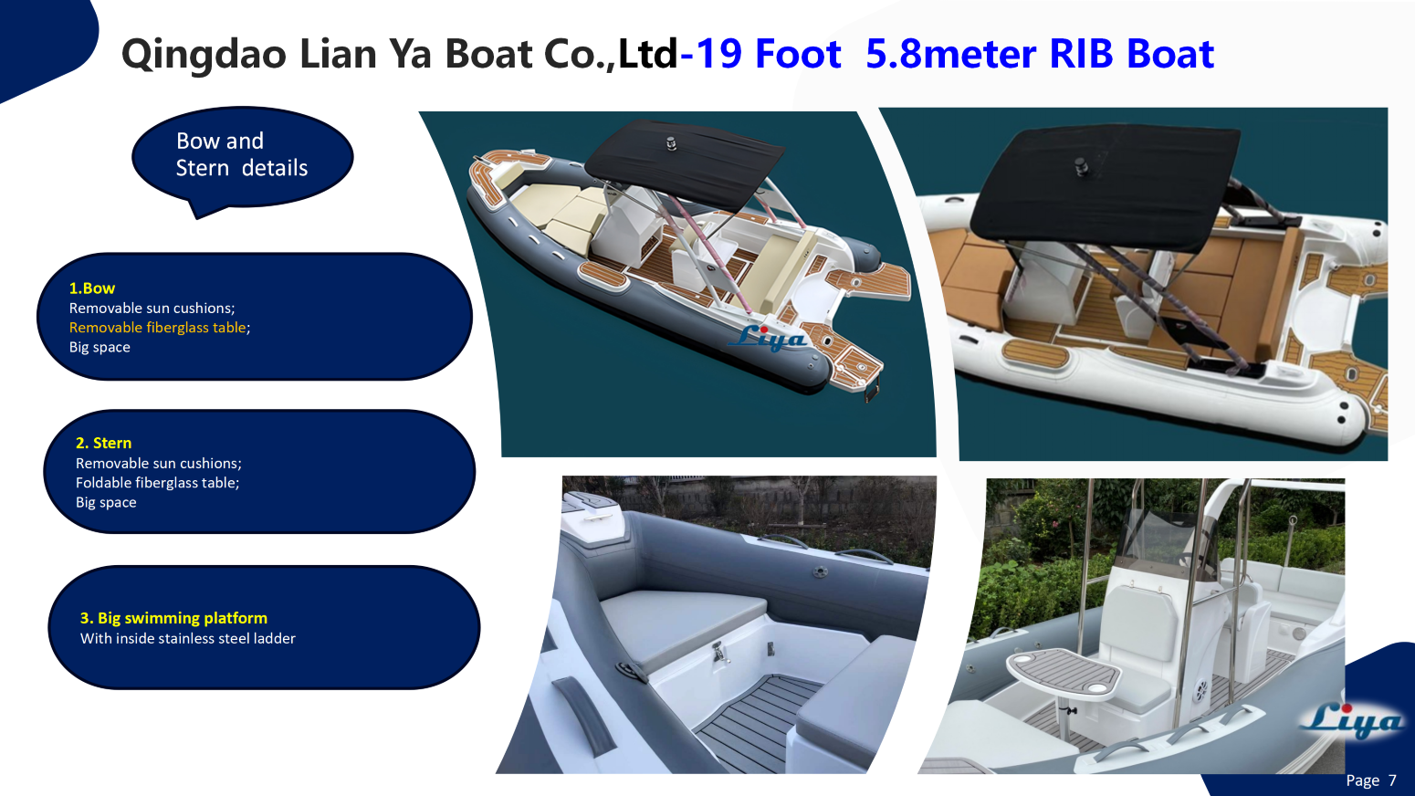 Liya 19 pieds RIB avec coussin d'arc et table